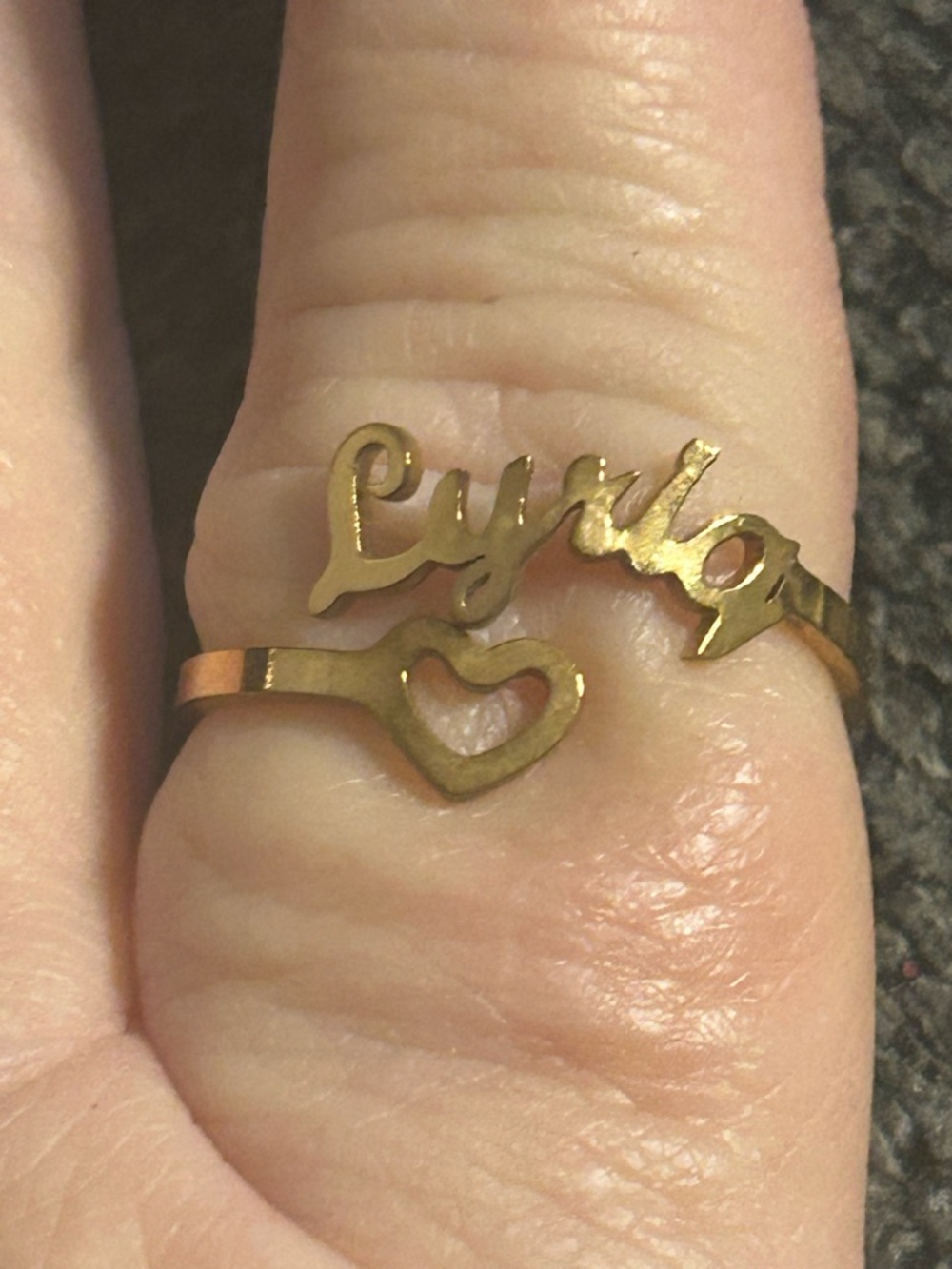 Gold-Tone Heart Name Adjustable Ring - Personalized Script Style “Lyriq”